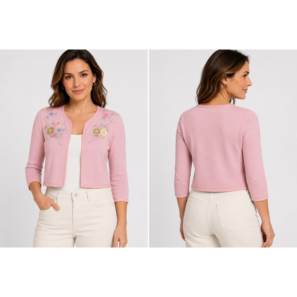 April Cornell‎ Pink Floral Embroidered Cropped Cardigan Shrug 3/4 Sleeve Small
